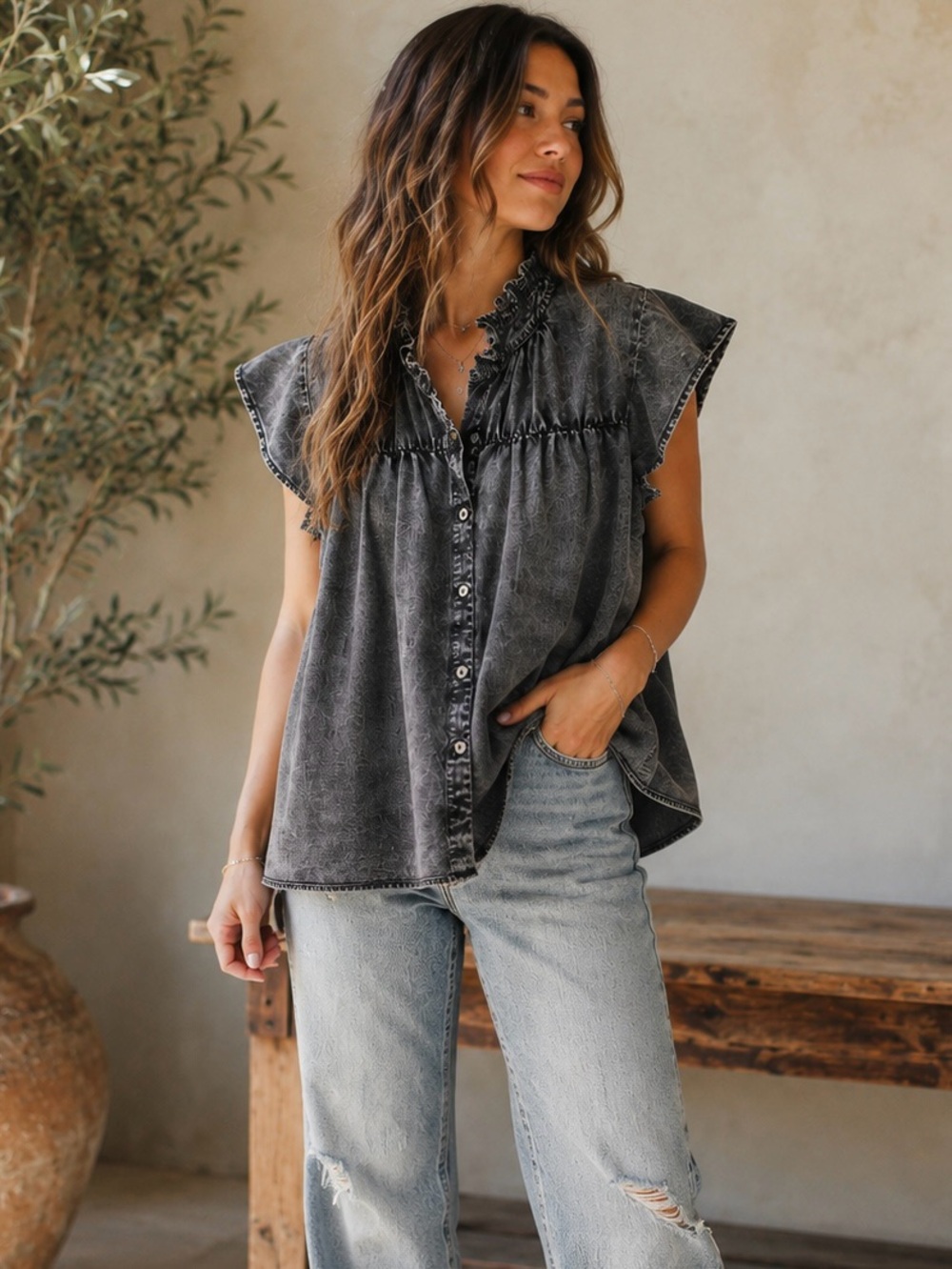 Rails Ruthie Black Acid Wash Tencel Linen Ramie Ruffle Button Front Blouse S